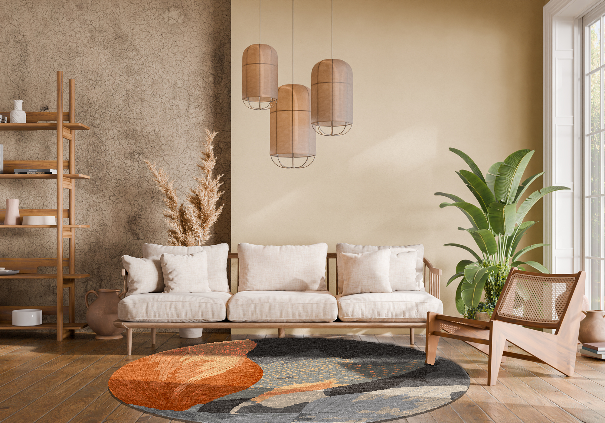 Custom hand-tufted rug in modern living room showing colors and texture