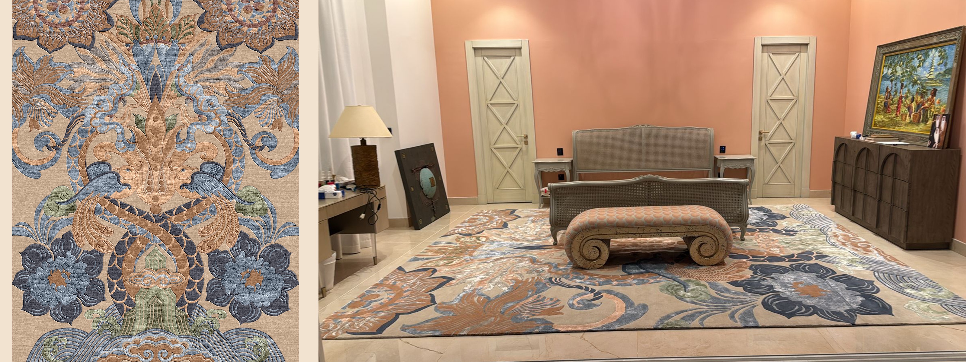 Digital mock up of a custom Hand Knotted rug & the actual rug in customers home.