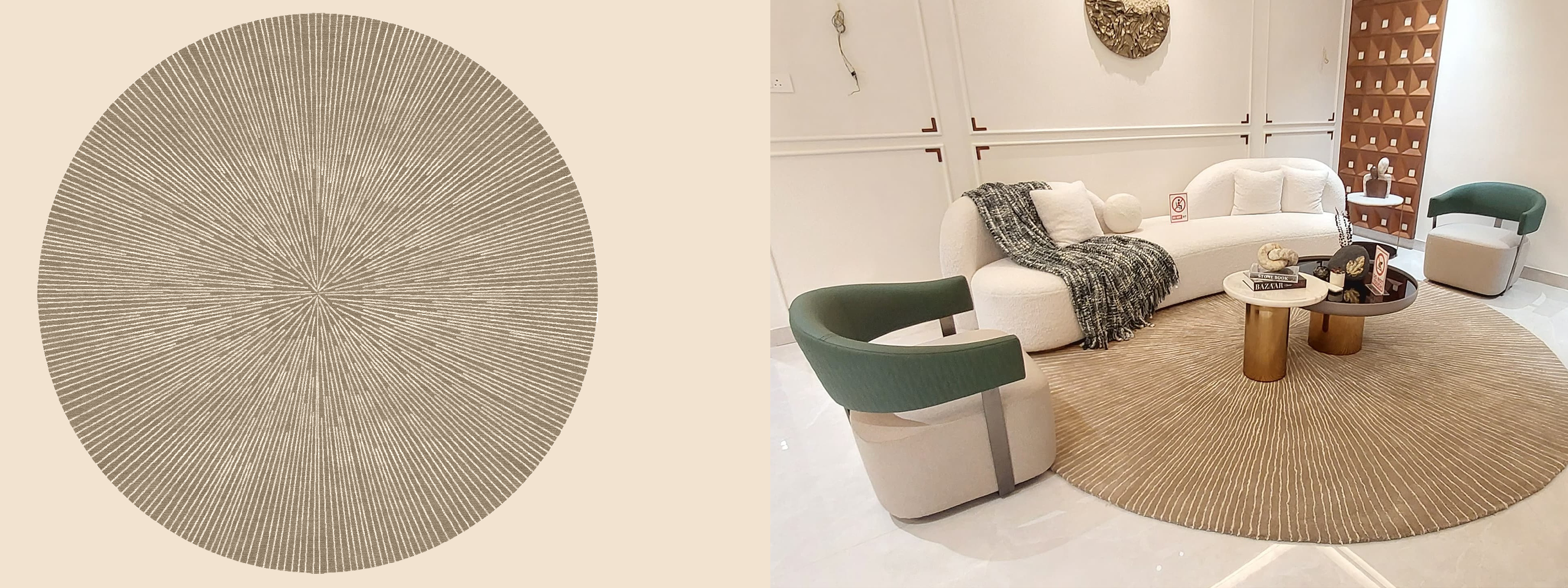 Digital mock up of a custom Hand tufted rug & the actual rug in customers home.