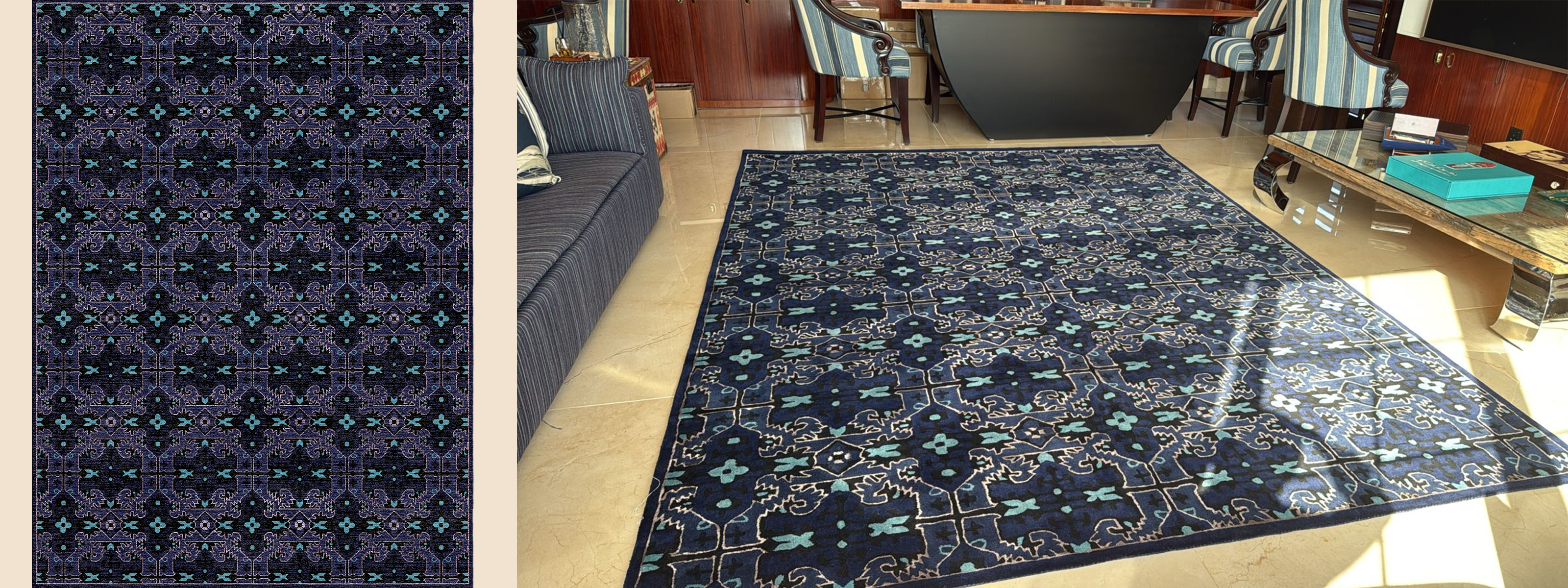 Digital mock up of a custom Hand Knotted rug & the actual rug in customers home.