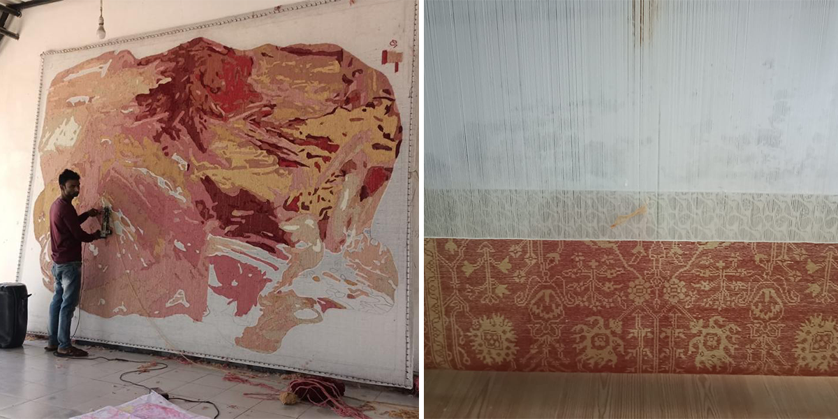 Skilled artisans weaving hand knotted & hand tufted rugs